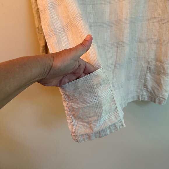 Eileen Fisher Petite Organic Linen Windowpane Top | Size PM | Tan with White & G - Picture 2 of 3